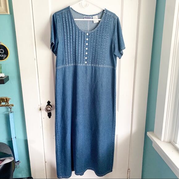 Authentic Original Vintage Style Dresses & Skirts - VTG Cottagecore Denim Maxi Dress 1980s White Flower Buttons Oversized Prairie S